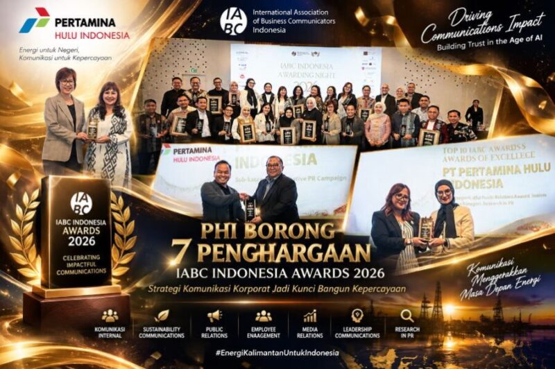 Tim Manajemen PT Pertamina Hulu Indonesia (PHI) bersama para pemenang foto usai menerima tujuh penghargaan dalam ajang IABC Indonesia Awarding Night 2026 di Le Méridien Hotel