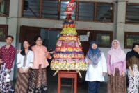 Guru dan siswi SMP Taman Dewasa Ibu Pawiyatan berfoto bersama gunungan jajanan di lingkungan sekolah, Yogyakarta