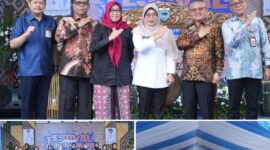 Bupati Pandeglang Rd. Dewi Setiani bersama jajaran Forkopimda dan tamu undangan menghadiri Festival Bubur Tebusi di Kabupaten Pandeglang, menampilkan penampilan seni anak-anak serta sesi foto bersama para pejabat daerah. (Foto: Pemkab Pandeglang)