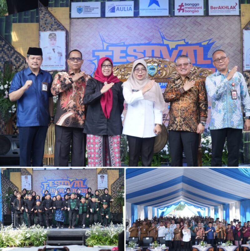 Bupati Pandeglang Rd. Dewi Setiani bersama jajaran Forkopimda dan tamu undangan menghadiri Festival Bubur Tebusi di Kabupaten Pandeglang, menampilkan penampilan seni anak-anak serta sesi foto bersama para pejabat daerah. (Foto: Pemkab Pandeglang)
